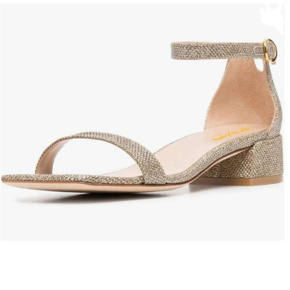 XYD Tan Glitter Open Toe Ankle Strap Buckled Low Chunky Heel Sandal for Wedding